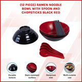 12 Piece Ramen Noodle Bowl with Spoon and Chopsticks Black Red - Front View