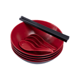 12 Piece Ramen Noodle Bowl with Spoon and Chopsticks Black Red - Side View