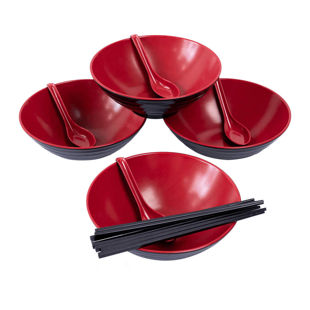 12 Piece Ramen Noodle Bowl with Spoon and Chopsticks Black Red