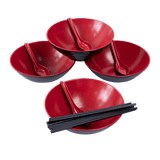 12 Piece Ramen Noodle Bowl with Spoon and Chopsticks Black Red