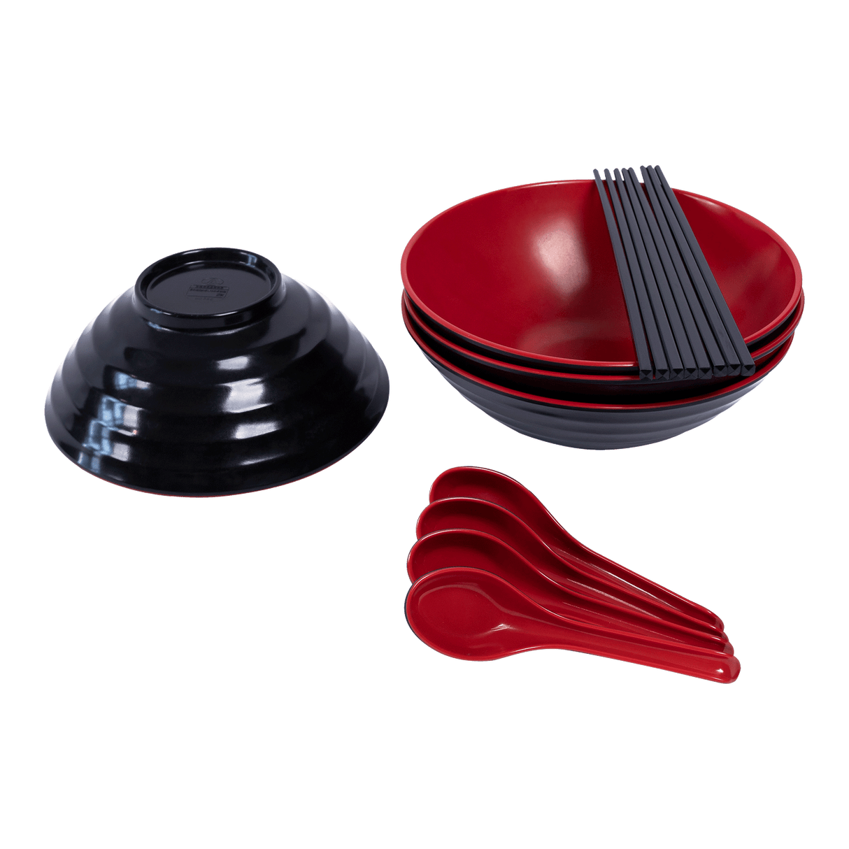 12 Piece Ramen Noodle Bowl with Spoon and Chopsticks Black Red
