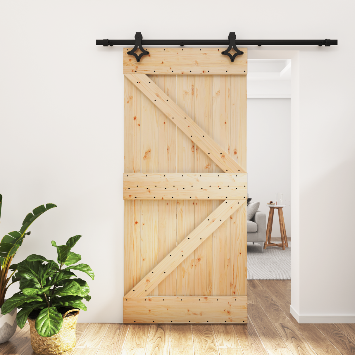 Sliding Door Natural and Black 95 x 210 cm Solid Pine Wood