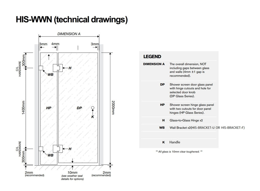 90x80cm Corner Frameless Shower Screen with Nickel Brackets and Brass Hinges - F-Brackets