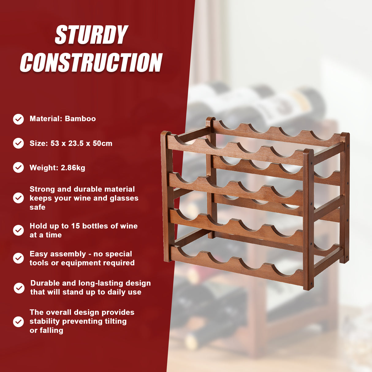 Bamboo Wine Rack Free Standing 15 Bottles with 6 Glasses Holder Storage in Brown