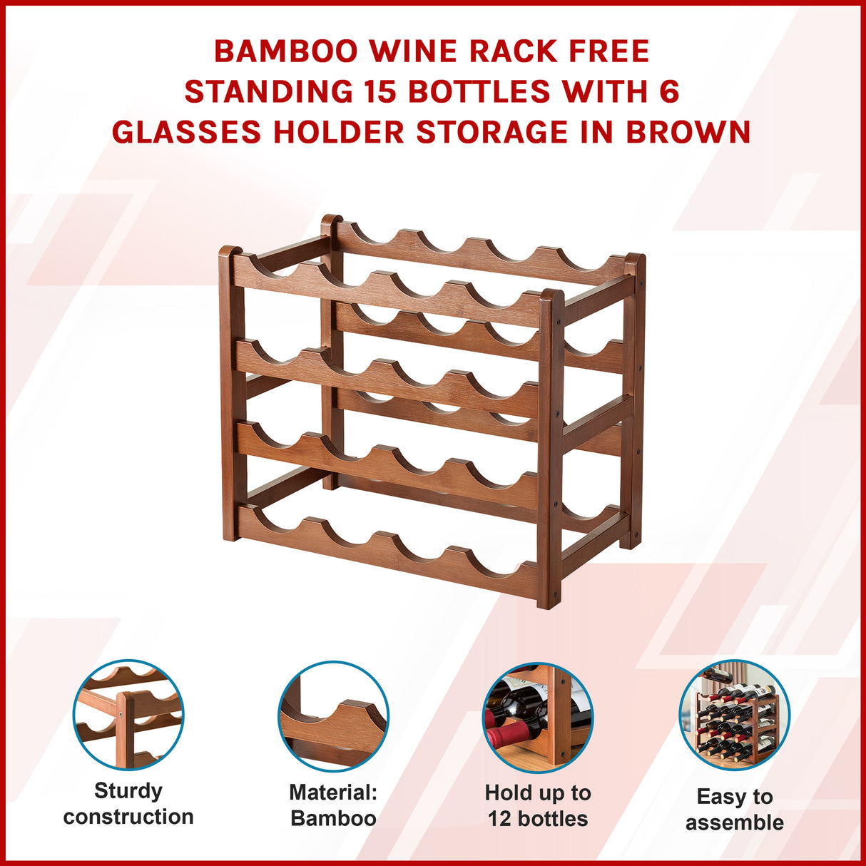 Bamboo Wine Rack Free Standing 15 Bottles with 6 Glasses Holder Storage in Brown