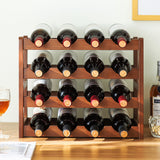 Bamboo Wine Rack Free Standing 15 Bottles with 6 Glasses Holder Storage in Brown