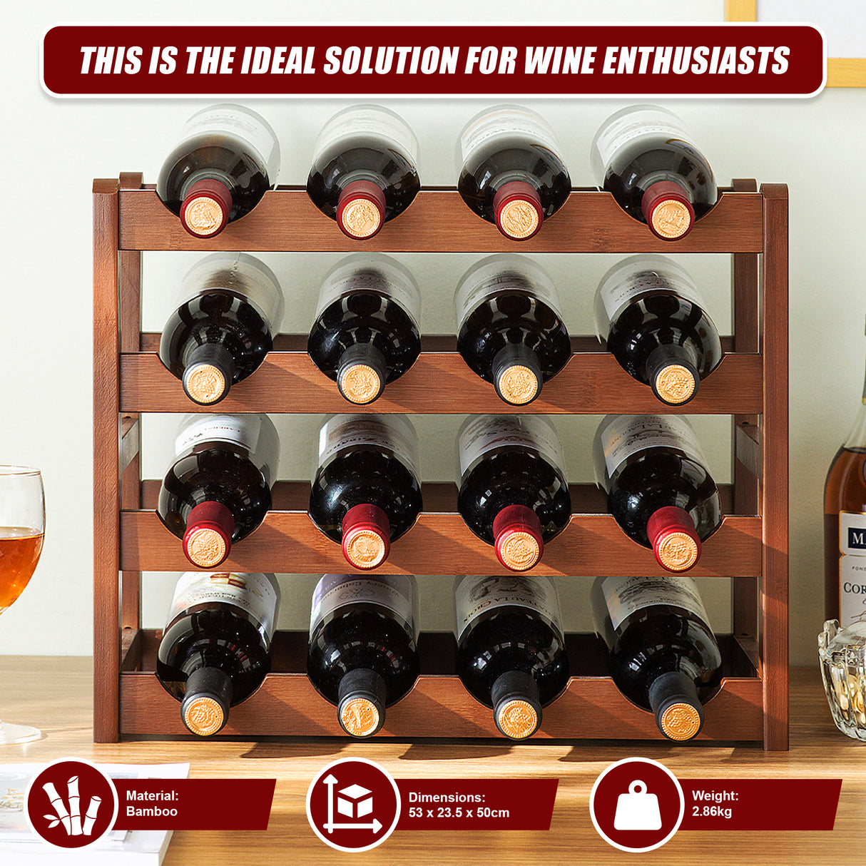 Bamboo Wine Rack Free Standing 15 Bottles with 6 Glasses Holder Storage in Brown