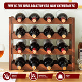Bamboo Wine Rack Free Standing 15 Bottles with 6 Glasses Holder Storage in Brown