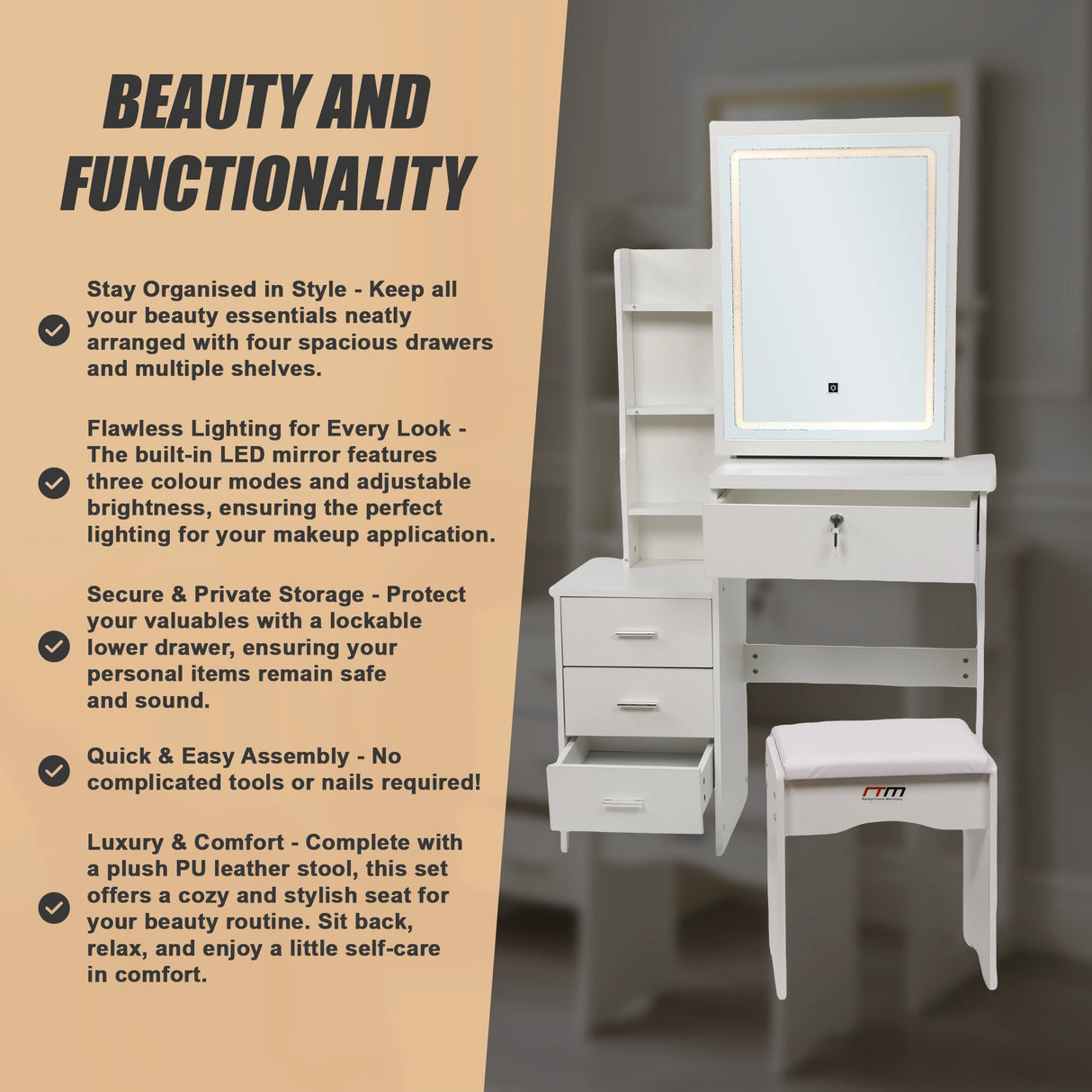 Dressing Table LED Makeup Mirror Stool Set Vanity Desk With Drawer Lighted