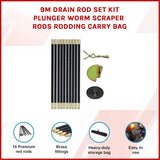 9m Drain Rod Set Kit Plunger Worm Scraper Cleaning Rods Rodding Carry Bag - Side View