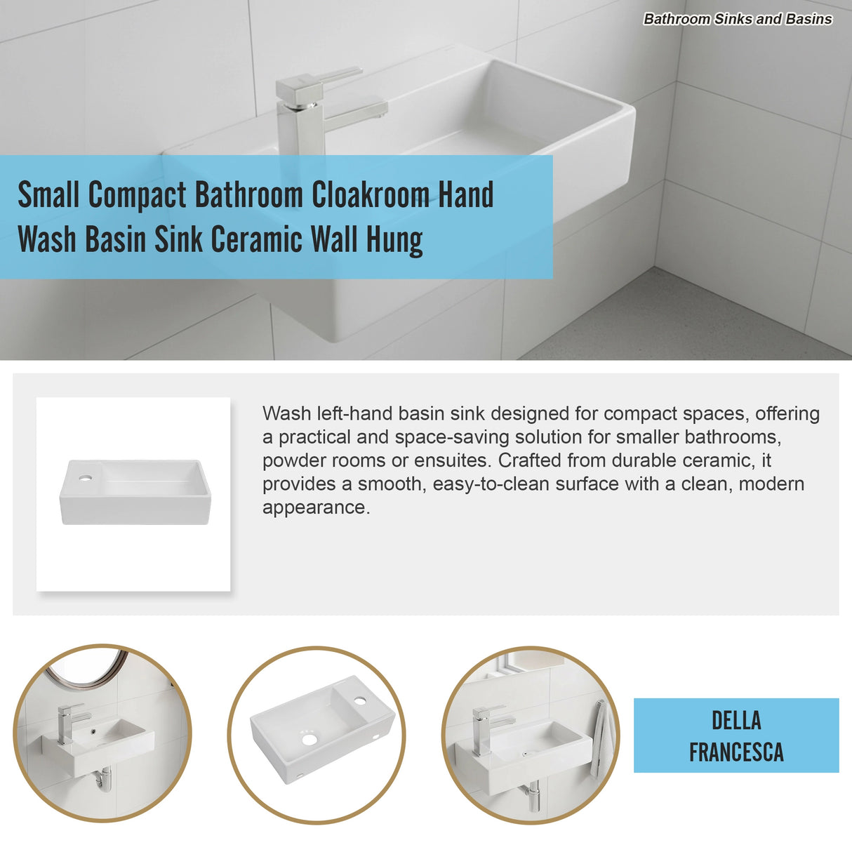 Small Compact Bathroom Cloakroom Hand Wash Basin Sink Ceramic Wall Hung