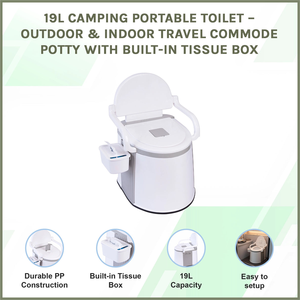 19L Camping Portable Toilet &ndash; Outdoor & Indoor Travel Commode Potty with Built-In Tissue Box