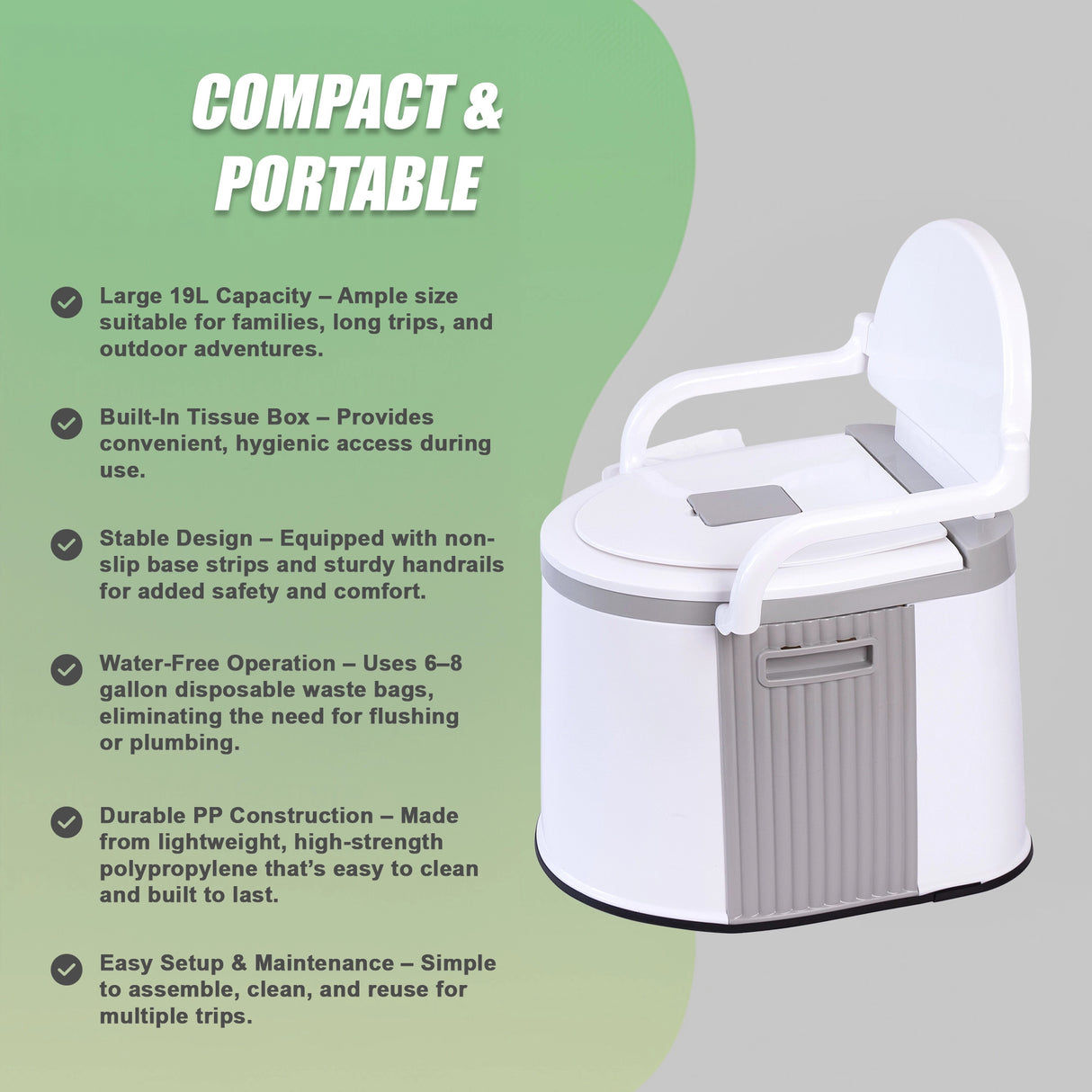 19L Camping Portable Toilet &ndash; Outdoor & Indoor Travel Commode Potty with Built-In Tissue Box