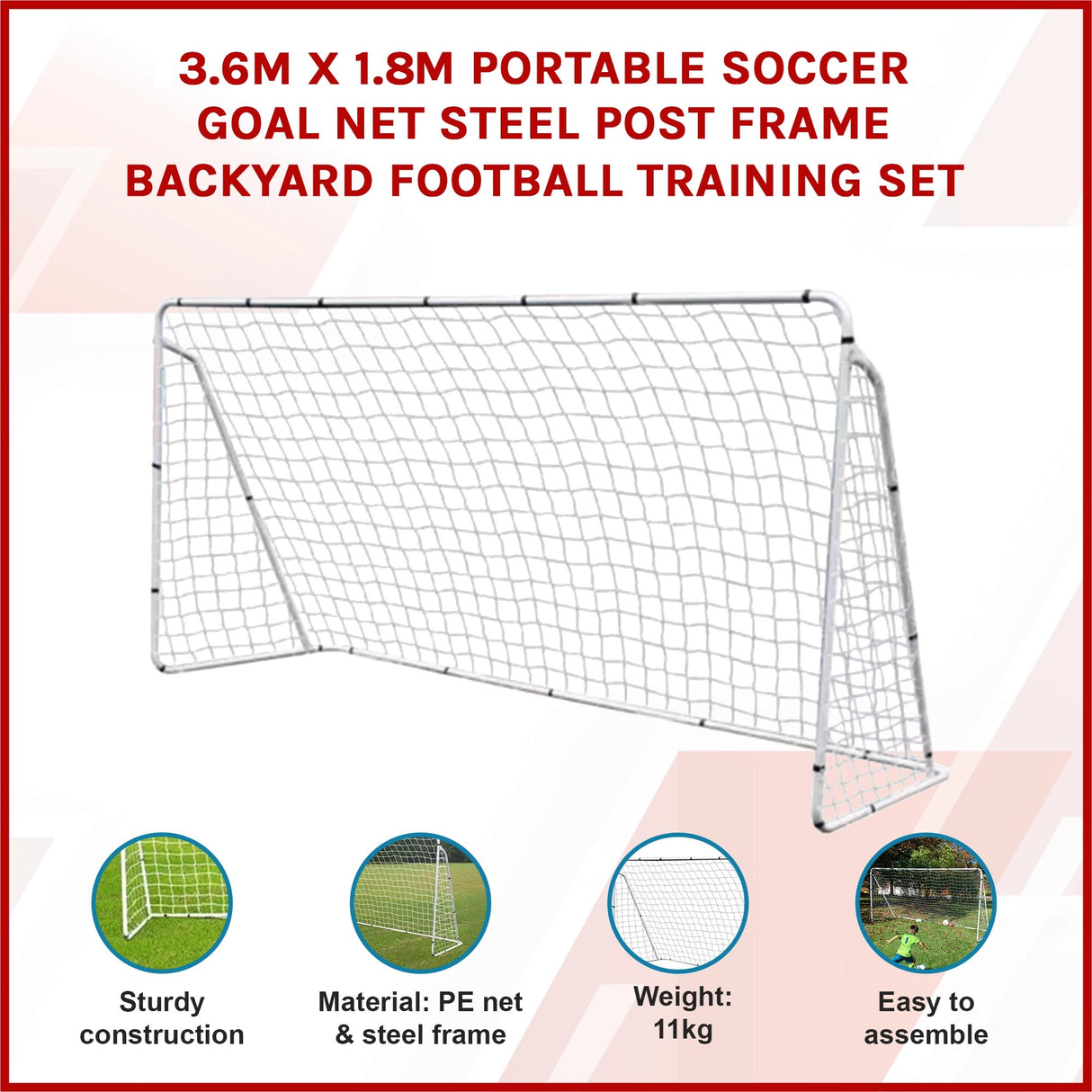 3.6m x 1.8m Portable Soccer Goal Net Steel Post Frame Backyard Football Training Set