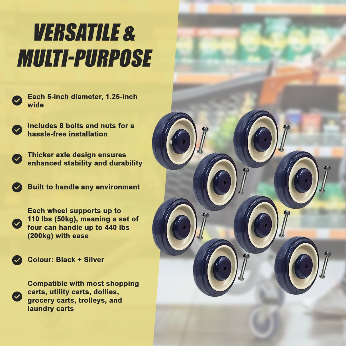 8 x 5" Diameter Wheels Nuts and Bolts included