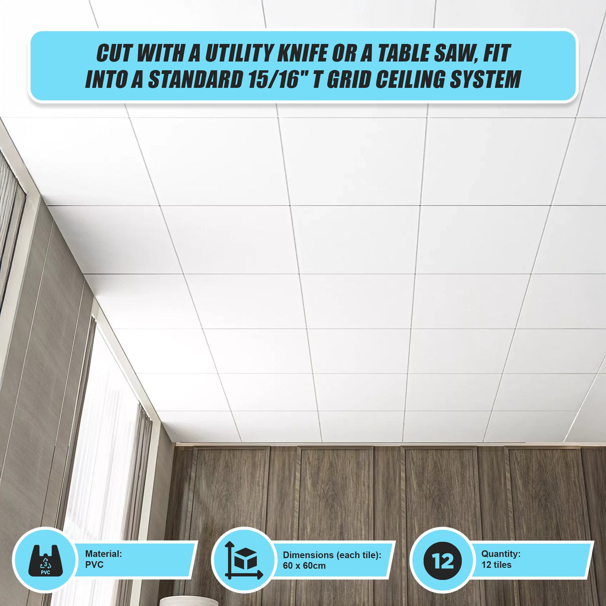 12x Smooth Drop Ceiling Tile 2ft x 2ft PVC Ceiling Panel
