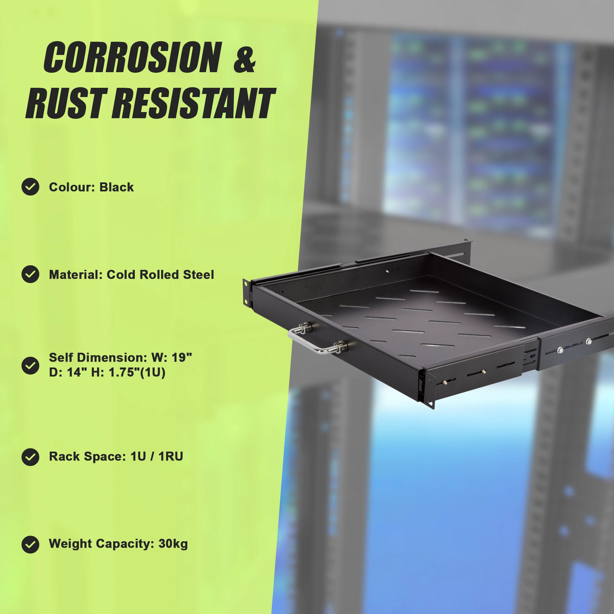 Sliding Rack Server Shelf 1U 19" 4 Post Mount &ndash; Adjustable 15" to 22" Rack Tray