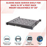 Sliding Rack Server Shelf 1U 19" 4 Post Mount &ndash; Adjustable 15" to 22" Rack Tray