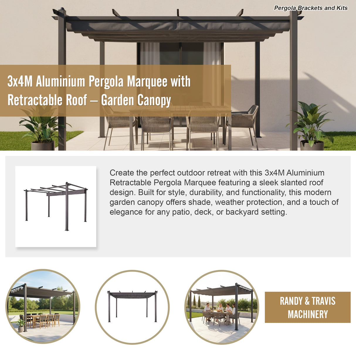 3x4M Aluminium Pergola Marquee with Retractable Roof &ndash; Garden Canopy