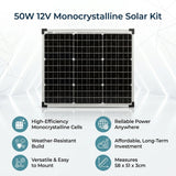 50W 12V Monocrystalline Solar Kit &ndash; PV Charger Panel for Off-Grid & RV - Low Angle
