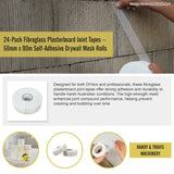 24-Pack Fibreglass Plasterboard Joint Tapes &ndash; 50mm x 90m Self-Adhesive Drywall Mesh Rolls - Top-Down View