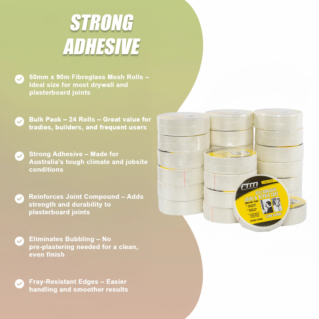 24-Pack Fibreglass Plasterboard Joint Tapes &ndash; 50mm x 90m Self-Adhesive Drywall Mesh Rolls