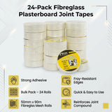 24-Pack Fibreglass Plasterboard Joint Tapes &ndash; 50mm x 90m Self-Adhesive Drywall Mesh Rolls