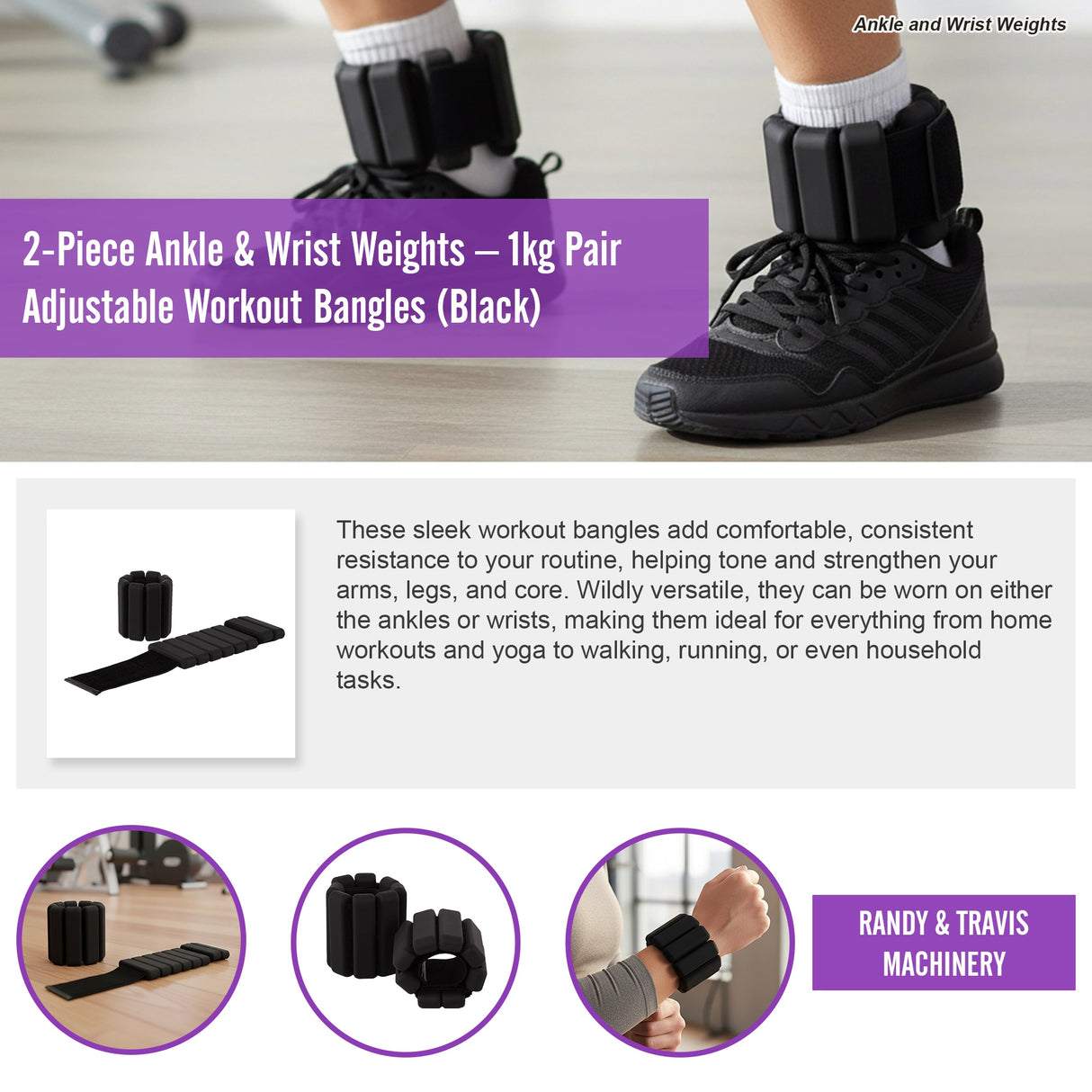 2-Piece Ankle & Wrist Weights &ndash; 1kg Pair Adjustable Workout Bangles (Black)