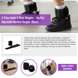 2-Piece Ankle & Wrist Weights &ndash; 1kg Pair Adjustable Workout Bangles (Black)