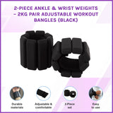 2-Piece Ankle & Wrist Weights &ndash; 2kg Pair Adjustable Workout Bangles (Black) - Side View