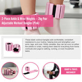 2-Piece Ankle & Wrist Weights &ndash; 2kg Pair Adjustable Workout Bangles (Pink)