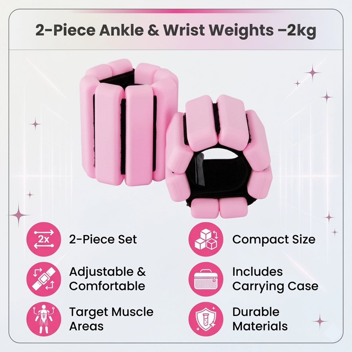 2-Piece Ankle & Wrist Weights &ndash; 2kg Pair Adjustable Workout Bangles (Pink)
