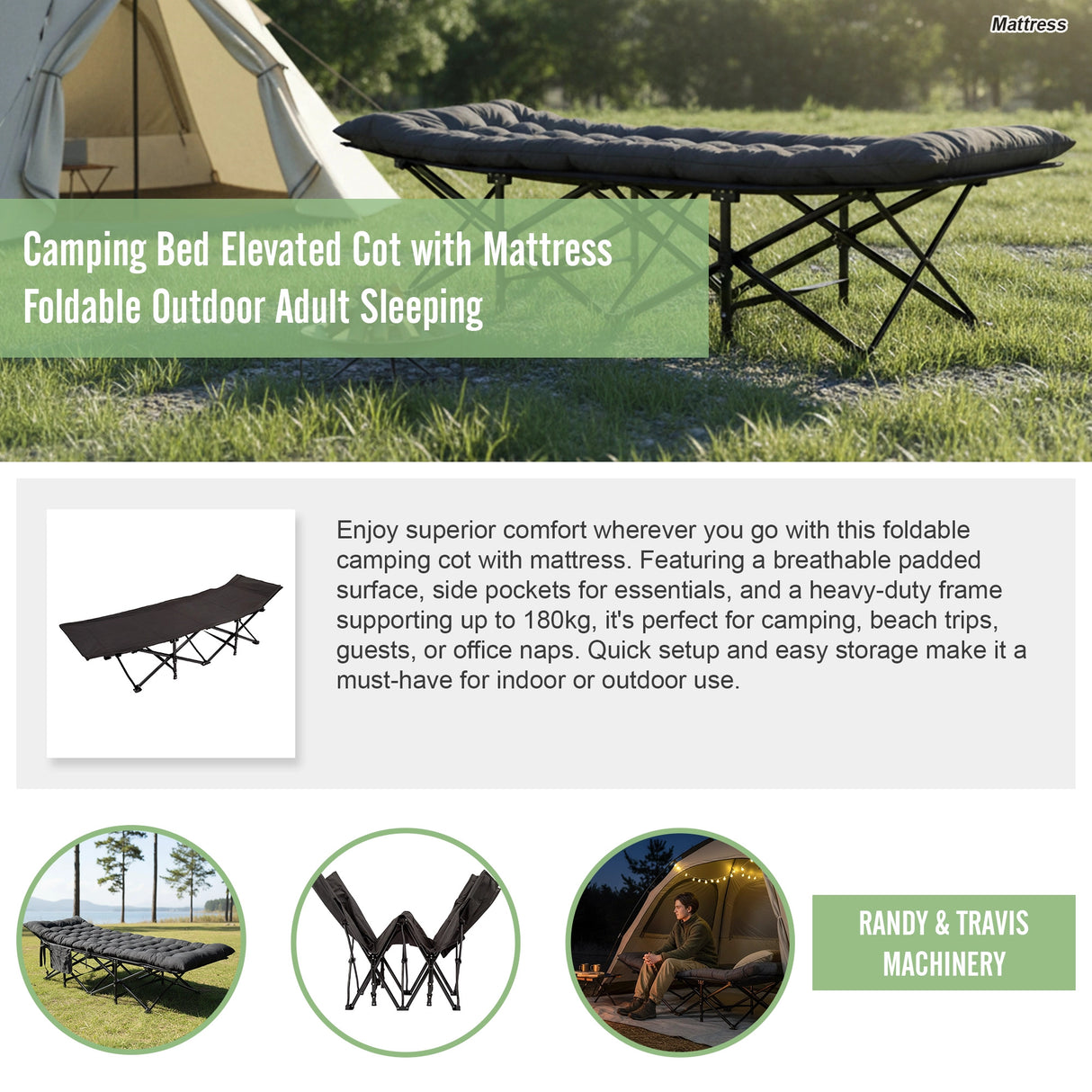 Camping Bed Elevated Cot with Mattress Foldable Outdoor Adult Sleeping