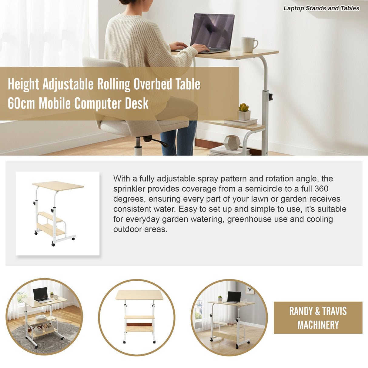Height Adjustable Rolling Overbed Table 60cm Mobile Computer Desk