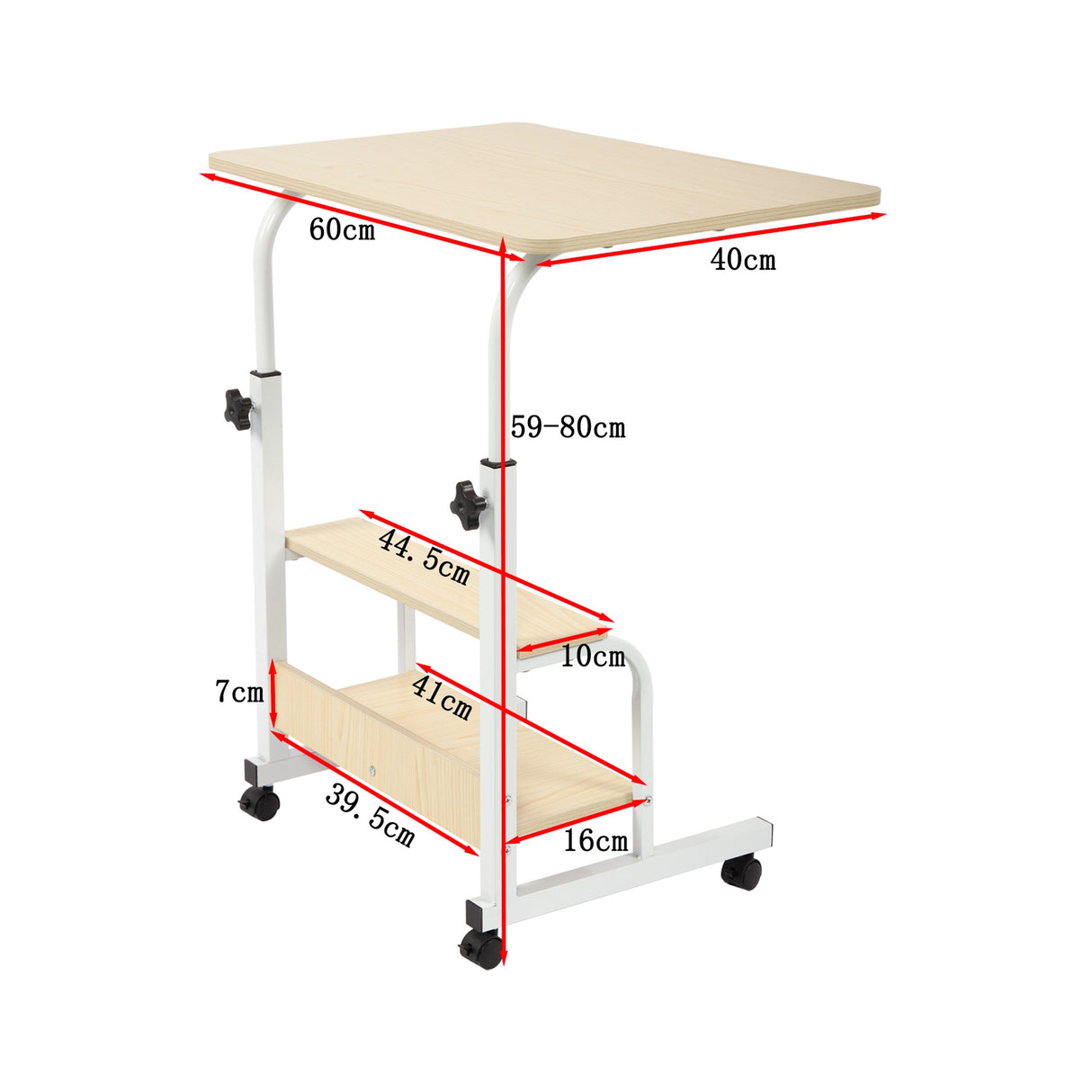 Height Adjustable Rolling Overbed Table 60cm Mobile Computer Desk