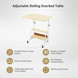 Height Adjustable Rolling Overbed Table 60cm Mobile Computer Desk