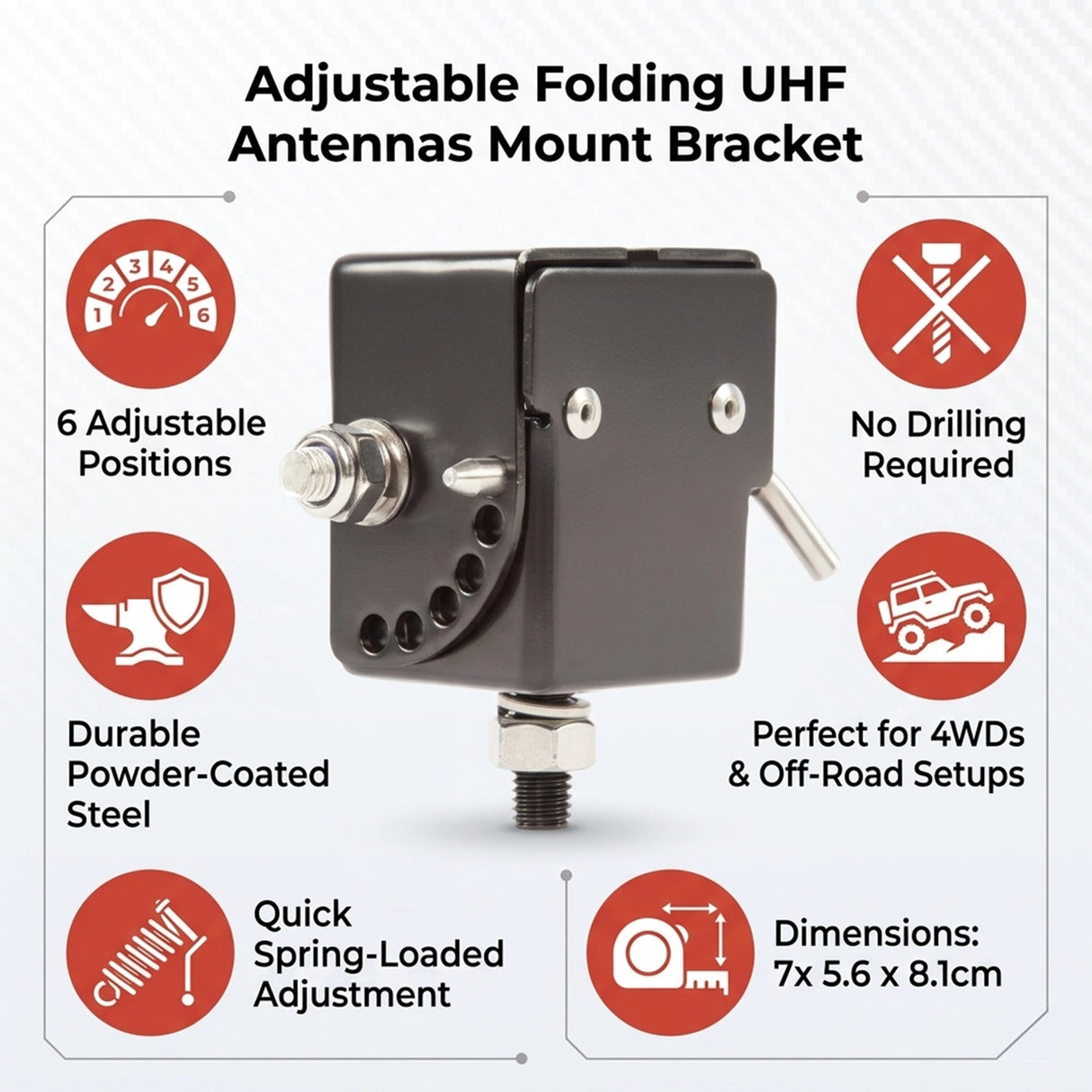 Adjustable Folding UHF Antennas Mount Bracket &ndash; Black Bullbar Clamp