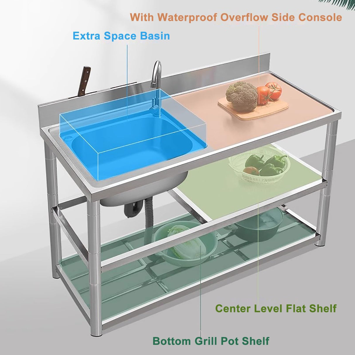 Freestanding Stainless Steel Kitchen Sink 120x50x79cm &ndash; Commercial Utility Wash Basin