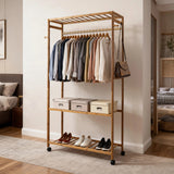 Wooden Clothes Rail with Shelves & Wheels &ndash; Open Wardrobe Rack Stand - Front View