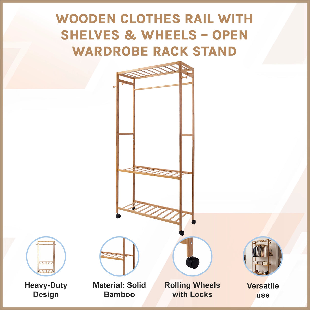 Wooden Clothes Rail with Shelves & Wheels &ndash; Open Wardrobe Rack Stand