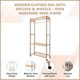 Wooden Clothes Rail with Shelves & Wheels &ndash; Open Wardrobe Rack Stand - Close-Up Angle