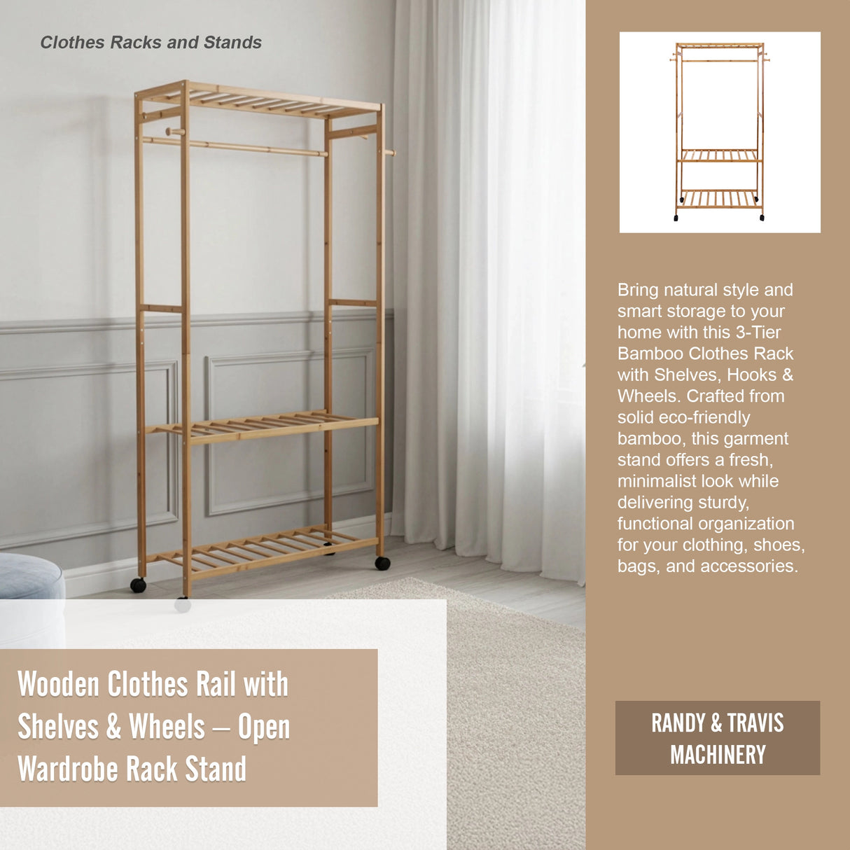 Wooden Clothes Rail with Shelves & Wheels &ndash; Open Wardrobe Rack Stand