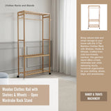 Wooden Clothes Rail with Shelves & Wheels &ndash; Open Wardrobe Rack Stand - Low Angle