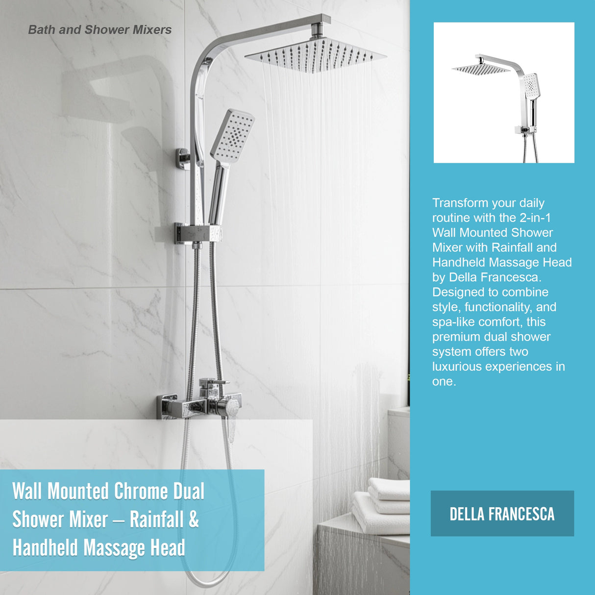 Wall Mounted Chrome Dual Shower Mixer &ndash; Rainfall & Handheld Massage Head