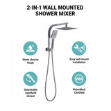 Wall Mounted Chrome Dual Shower Mixer &ndash; Rainfall & Handheld Massage Head - Low Angle
