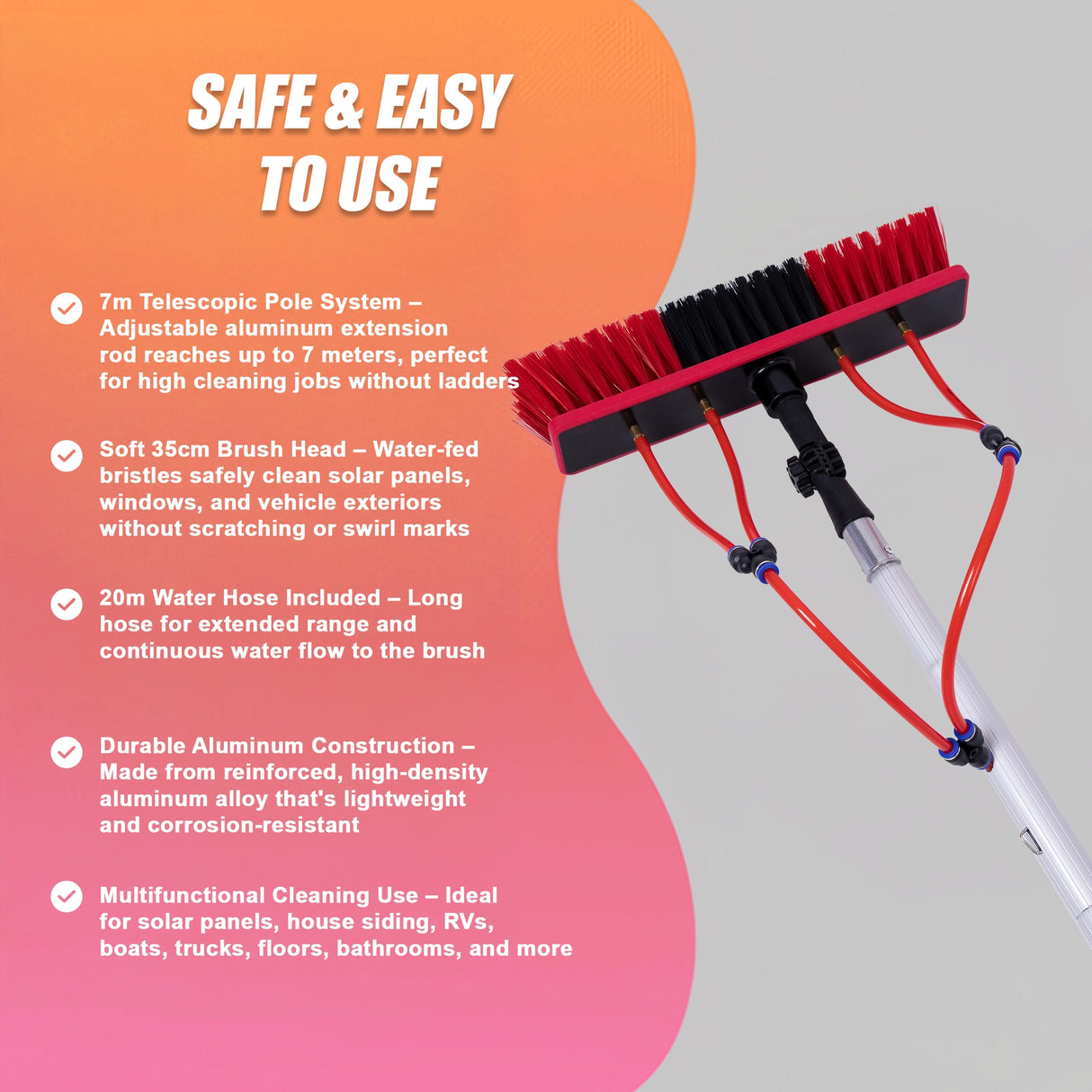 7m Water Fed Pole Cleaning Kit &ndash; Solar Panel & Window Cleaner System with Brush