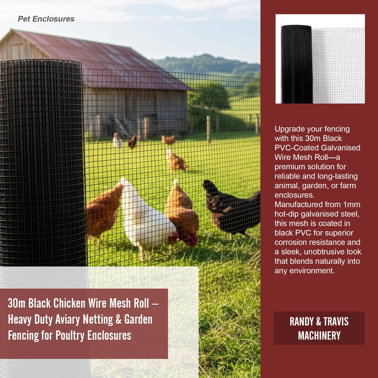 30m Black Chicken Wire Mesh Roll &ndash; Heavy Duty Aviary Netting & Garden Fencing for Poultry Enclosures