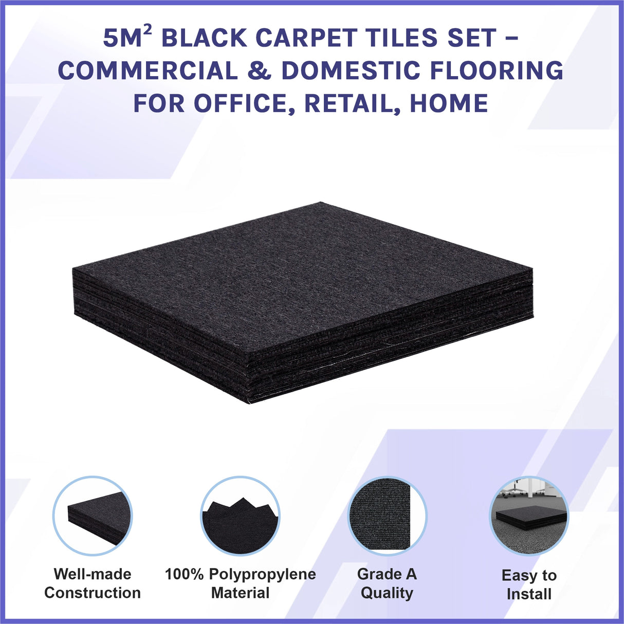 5m&sup2; Black Carpet Tiles Set &ndash; Commercial & Domestic Flooring for Office, Retail, Home