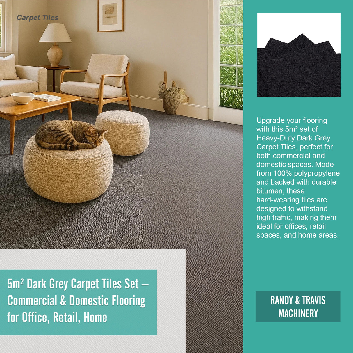 5m&sup2; Dark Grey Carpet Tiles Set &ndash; Commercial & Domestic Flooring for Office, Retail, Home