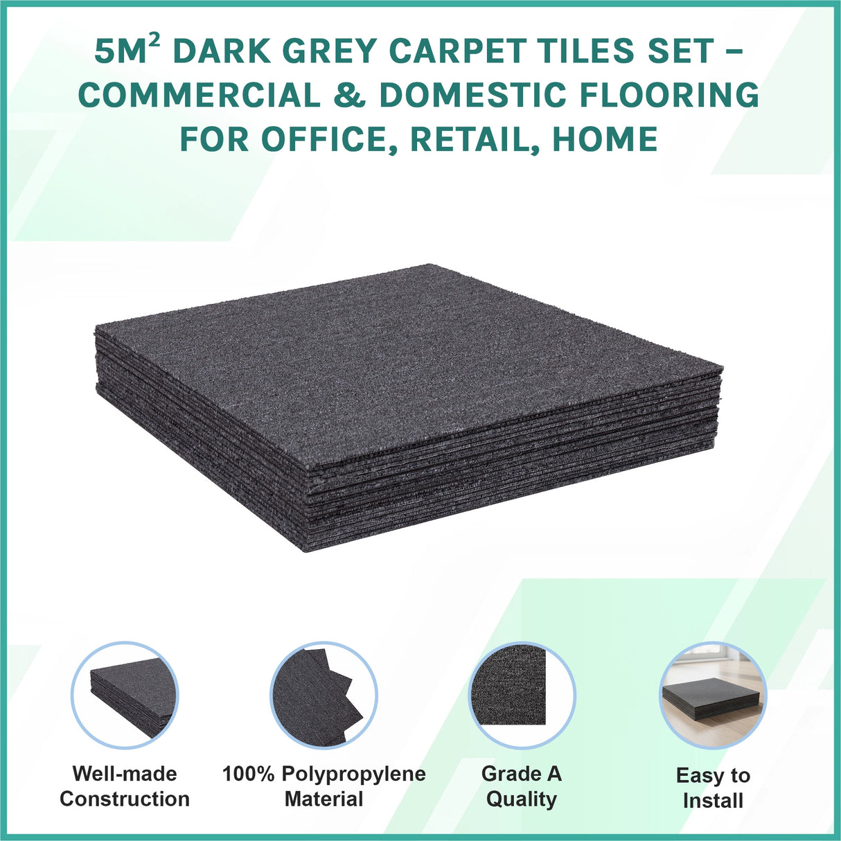 5m&sup2; Dark Grey Carpet Tiles Set &ndash; Commercial & Domestic Flooring for Office, Retail, Home